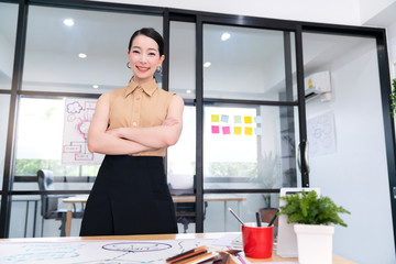 successful leadership smart attractive asian female working with laptop confident and cheerful smile office background