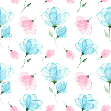 Watercolor seamless pattern of pink and turquoise flowers with transparent petals on a white background. Hand drawing, delicate soft colors. © Outlander1746