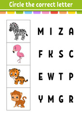 Circle the correct letter. Zebra, flamingo, tiger, monkey. Education developing worksheet. Learning game for kids. Color activity page. Cartoon character.