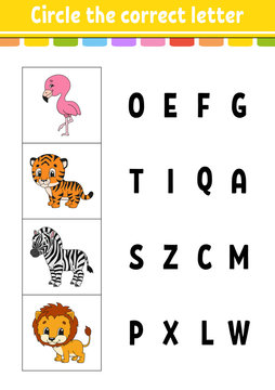 Circle the correct letter. Zebra, flamingo, tiger, lion. Education developing worksheet. Learning game for kids. Color activity page. Cartoon character.