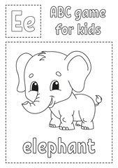 Letter E is for elephant. ABC game for kids. Alphabet coloring page. Cartoon character. Word and letter. Vector illustration.