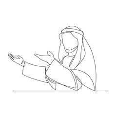 Continuous line drawing of muslim arabic man praying raise and open hand. Single line art of ramadan kareem and ied mubarak greeting card concept. Vector illustration