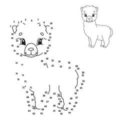 Dot to dot. Draw a line. Animal alpaca. Handwriting practice. Learning numbers for kids. Education worksheet. Activity coloring page. Cartoon style. With answer.