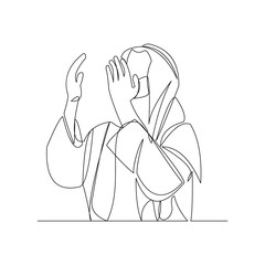 Continuous line drawing of muslim arabic man praying raise and open hand. Single line art of ramadan kareem and ied mubarak greeting card concept. Vector illustration