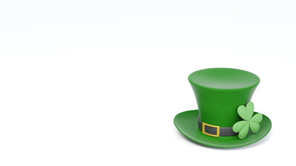 アイルランドの文化であるパトリックデーのための、緑色の帽子やクローバー、シャムロックの画像素材。３Dレンダリング。
