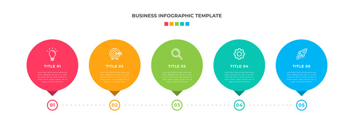 Modern Minimalist Business Infographic template circle shape. 5 steps / option timeline with icons. For presentation, process, diagram, workflow, chart. Vector with red, blue, green, orange color
