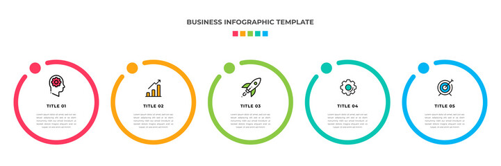 Modern Minimalist Business Infographic template circle shape. 5 steps / option timeline with icons. For presentation, process, diagram, workflow, chart. Vector with red, blue, green, orange color