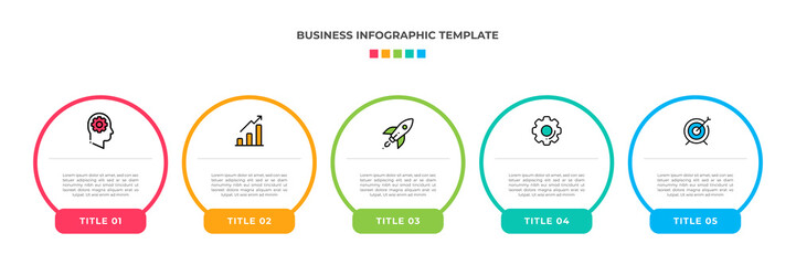 Modern Minimalist Business Infographic template circle shape. 5 steps / option timeline with icons. For presentation, process, diagram, workflow, chart. Vector with red, blue, green, orange color