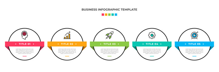Modern Minimalist Business Infographic template circle shape. 5 steps / option timeline with icons. For presentation, process, diagram, workflow, chart. Vector with red, blue, green, orange color
