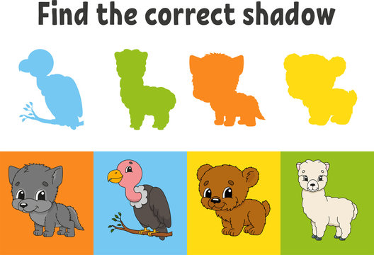 Find the correct shadow. Animal wolf, bear, alpaca. Bird vulture. Education worksheet. Matching game for kids. Color activity page. Puzzle for children. Cartoon character.