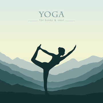 girl makes yoga on green mountain landscape vector illustration EPS10