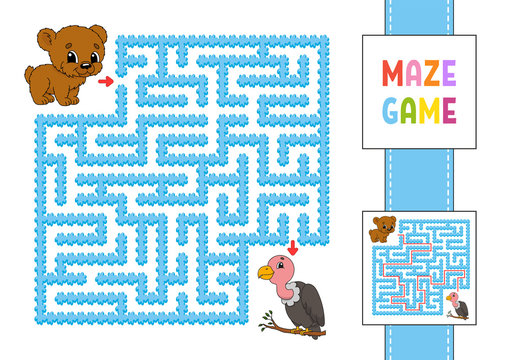 Funny square maze. Game for kids. Bear and vulture. Puzzle for children. Labyrinth conundrum with character. Color vector illustration. Find the right path. With answer.