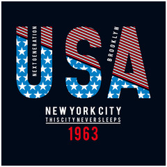Vector illustration on the theme of New York City,  Brooklyn. Stylized American flag. Typography, t-shirt graphics, poster, print, banner, flyer, postcard - Vector