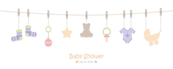 baby shower welcome greeting card for childbirth with hanging utensils vector illustration EPS10 - obrazy, fototapety, plakaty