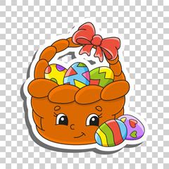 Cute cartoon character. Easter basket. Sticker with contour. Colorful vector illustration. Isolated on transparent background. Design element