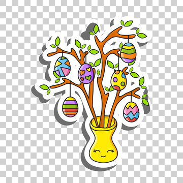 Cute cartoon character. Easter egg tree. Sticker with contour. Colorful vector illustration. Isolated on transparent background. Design element