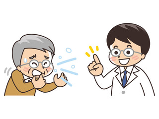 くしゃみをするシニア男性　指差しをする医師の男性
