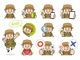 こども探険隊の男の子バリエーション　初心者マーク　スマートフォン　タブレット　虫眼鏡　ハート　まるばつクイズ