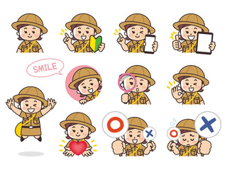 こども探険隊の女の子バリエーション　初心者マーク　スマートフォン　タブレット　虫眼鏡　ハート　まるばつクイズ