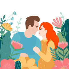 Vector cute cartoon illustration of young woman and man in love, hugging