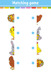 Matching game. Draw a line. Easter theme. Education developing worksheet. Activity page with color pictures. Riddle for children. Isolated vector illustration. Funny character. Cartoon style.