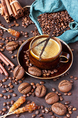 Delicious   cookies with coffee taste, coffee mug on  dark table