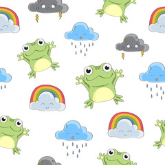 Baby pattern with cute frog and clouds in the white backdrop