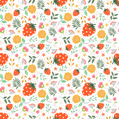 Cute floral pattern with strawberry in the white backdrop.