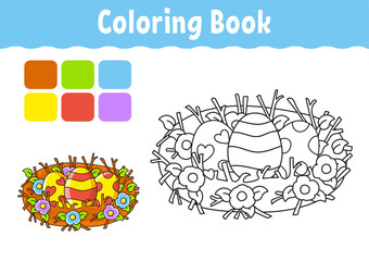 Coloring book for kids. Cheerful character. Easter nest. Vector illustration. Cute cartoon style. Fantasy page for children. Black contour silhouette. Isolated on white background.