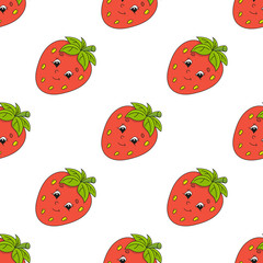 Happy strawberry. Colored seamless pattern with cute cartoon character. Simple flat vector illustration isolated on white background. Design wallpaper, fabric, wrapping paper, covers, websites.