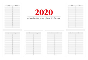 Vector calendar planner 2020, A5 format. For a personal diary, Notepad. From the drawn grid of 2020 to account for success. Convenient to use