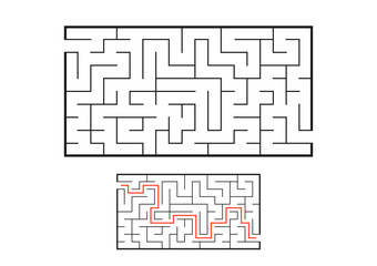 Black rectangular labyrinth. Game for kids. Puzzle for children. Maze conundrum. Flat vector illustration isolated on white background. With the answer.