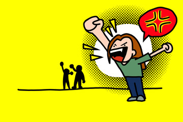 Fototapeta premium Anger shout with angry symbol bubble as speech. hand draw cartoon or comic with yellow background. Layers vector illustration