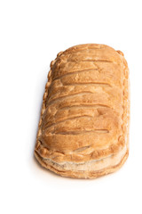 Homemade flaky pasty with mince meat filling isolated on white