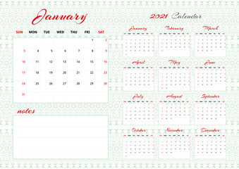 Vector calendar template for 2021. Simple grid for your home, business, planner diary. Corporate and business calendar. Calendar 2021 in minimal style. event planner, the week starts on Sunday