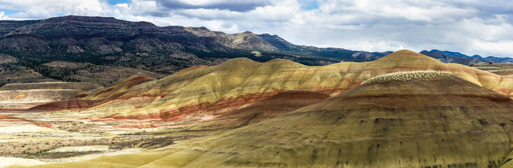Painted Hills panorama. Geological sedimentary rock formation in Central Oregon, Mitchell, USA.