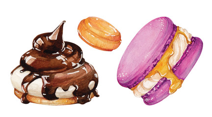 Watercolor hand painted pastries collection. Pastry sweets collection: doughnuts, candies, croissants, muffins and macaroons.