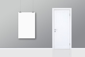 Side veiw of office interior with a concrete floor, a poster. Front view. 3d rendering mock up