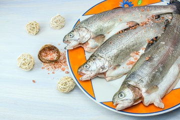 Raw river trout . Fresh sea fish . healthy food, vegetarian.
