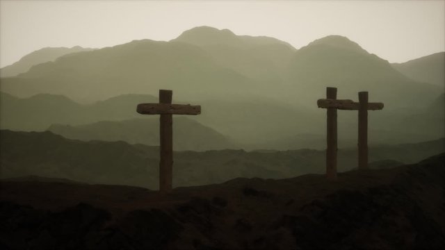 wooden Crucifix cross at mountain