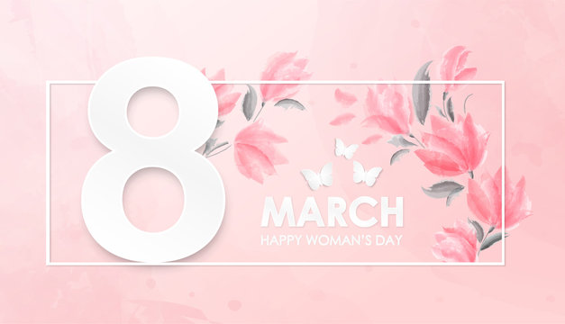 8th March Happy Woman's Day Poster design in pretty pink with butterflies and leaves surrounding the numeral 8 above text, vector illustration