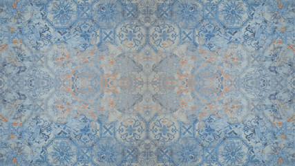 Old blue brown orange vintage shabby patchwork tiles stone concrete cement wall texture background
