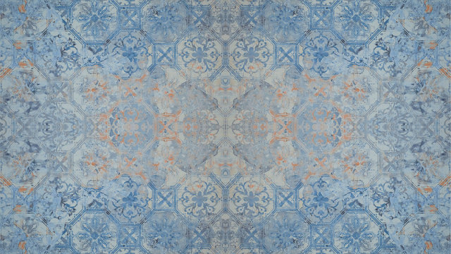 Old blue brown orange vintage shabby patchwork tiles stone concrete cement wall texture background