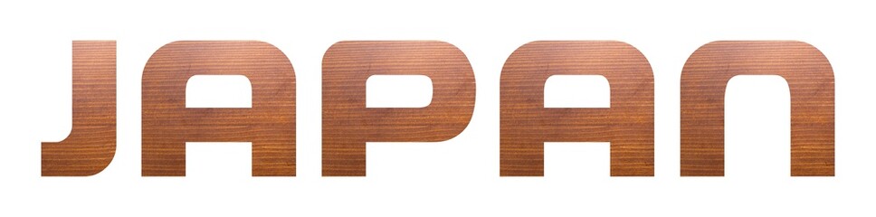 JAPAN with brown wooden texture on white background.