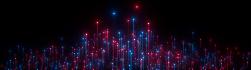 Abstract wide digital background. Neon glowing lines, luminous rays in motion, technology, network connection concept. Beautiful fireworks, colorful explosion, big bang. Falling stars. 3d rendering