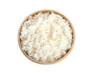 Wooden bowl with cooked rice isolated on white, top view