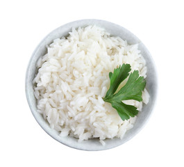 Bowl with cooked rice and parsley isolated on white, top view