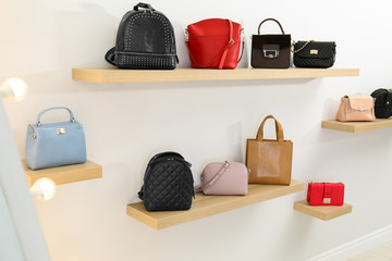 Stylish woman's bags on shelves in boutique