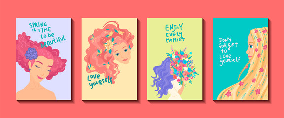 Fototapeta na wymiar International Women's Day. Set of greeting cards. Vector templates for card, poster design. Cartoon illustration