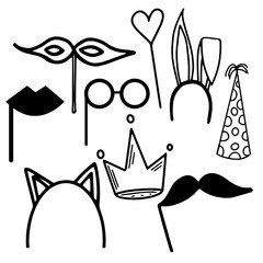 Masks, glasses and mustache for a party or birthday, a set of doodle elements for the holiday